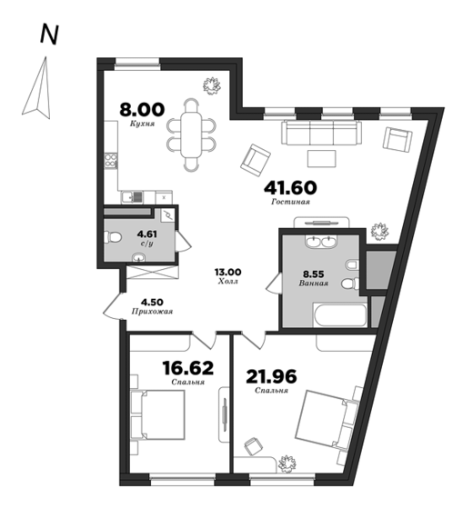 Приоритет, Корпус 1, 2 спальни, 118.84 м² | планировка элитных квартир Санкт-Петербурга | М16